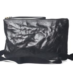 Handmade Vintage Leather Ruffled One Shoulder Bag Zipper Crossbody (Color: Black)