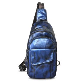 Head Layer Crazy Horse Skin Cowhide Men's Retro Mobile Phone Chest Bag Crossbody Bag (Option: Black and blue)